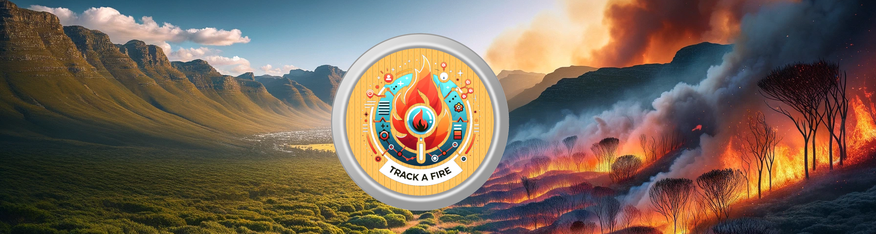 TrackAFire mountain and wildfire panorama with the TrackAFire logo